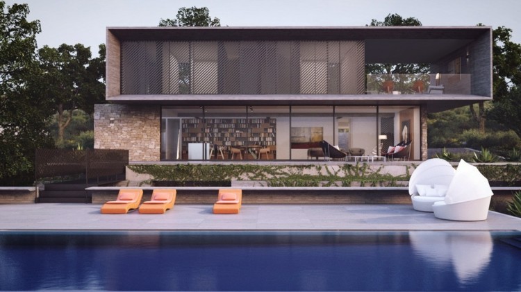 Moderne Architektur aus Ziegeln und Holz - mit einem Schwimmbad davor