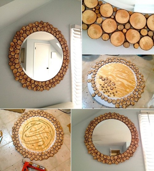 Basteln mit Holzscheiben runder rahmen um spiegel