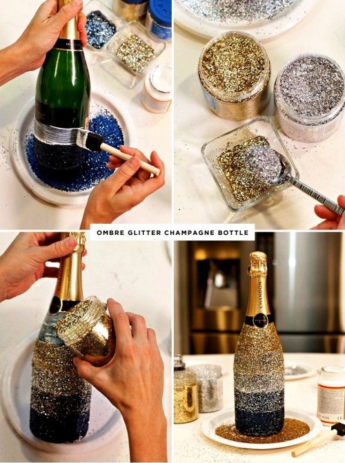 Goldene Silvester Tischdeko champagne flasche personalisieren