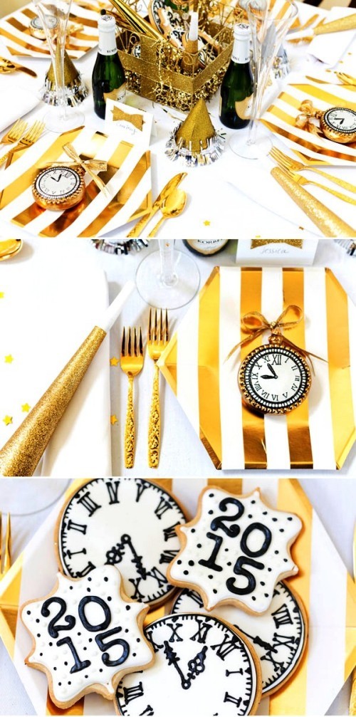 Goldene Silvester Tischdeko gold weiß gestrichenes geschirr kekse und uhren