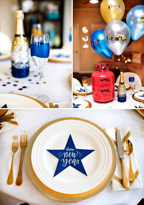 Goldene Silvester Tischdeko und Blau Sterne Gläsers Champagne