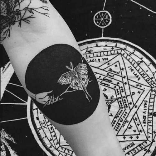 Negative space Tattoo Motive motte am zweig und hand