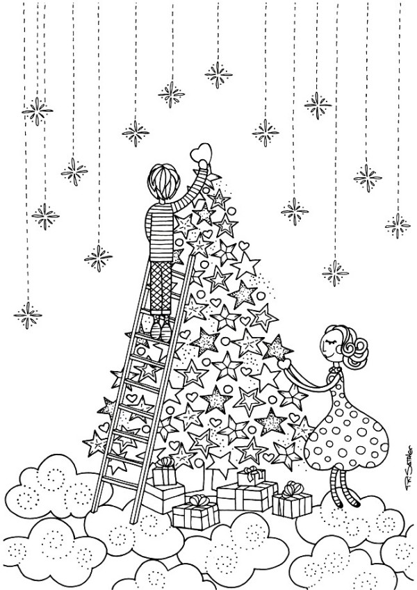 weihnachtliche Ausmalbilder für Erwachsene tannenbaum schmücken kind und mutter