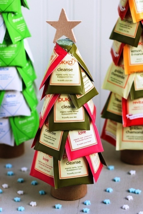 lustige Geschenke zum Weihnachtswichteln weihnachtsbaum aus teebeuteln