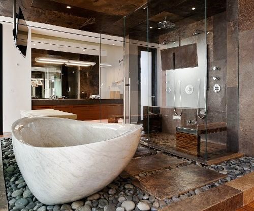 Großes Badezimmer gestalten und das beste Spa-Erlebnis zuhause erleben in holz und stein große freistehende badewanne