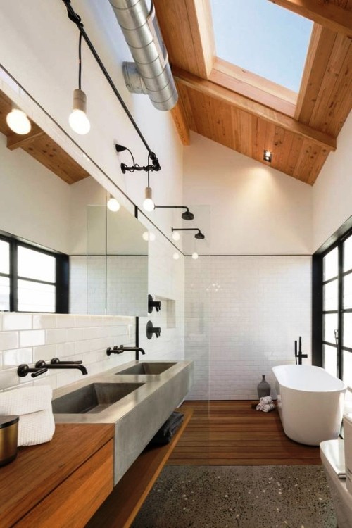 Großes Badezimmer gestalten und das beste Spa-Erlebnis zuhause erleben industriell in beton und holz