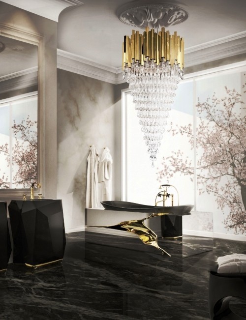 Großes Badezimmer gestalten und das beste Spa-Erlebnis zuhause erleben modern chic und stilvoll abstrakt in gold und schwarzer marmor