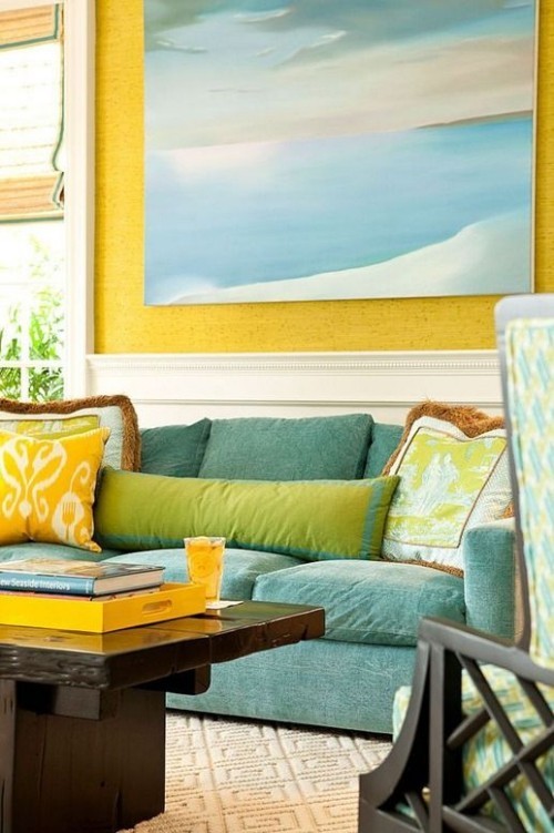 Komplementär Farben und allgemeine Farbenlehre in der Innenraumgestaltung blau bis gelb orange variationen wohnzimmer