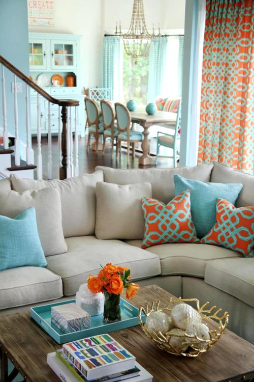 Komplimentär Farben und dessen Anwendung in der Innenraumgestaltung orange und blau wohnzimmer