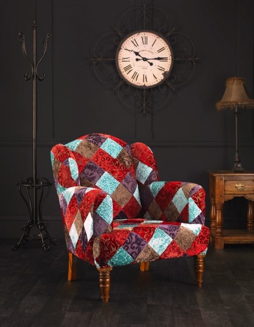 Patchwork Sessel alice in wunderland inspiriert vintage uhr