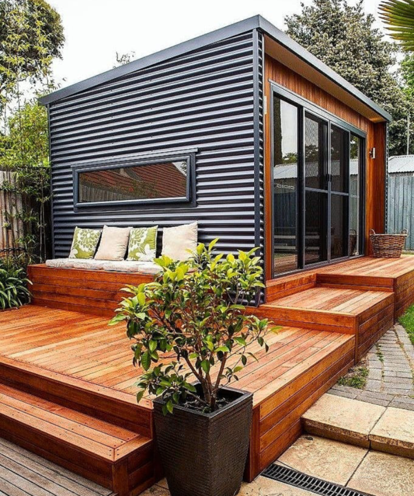 container haus fassade holz look