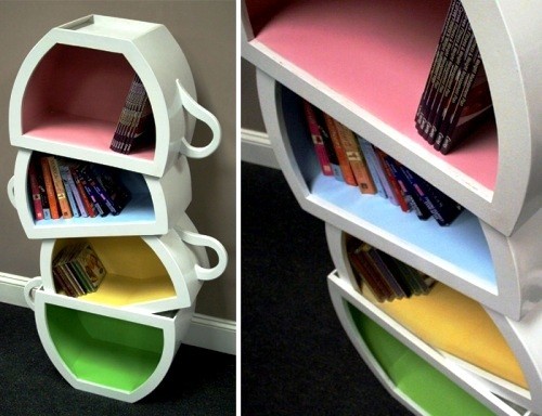 einzigartig kreative Bücherregale und Bücherschränke aus teetassen bunt aufeinander gestappelt
