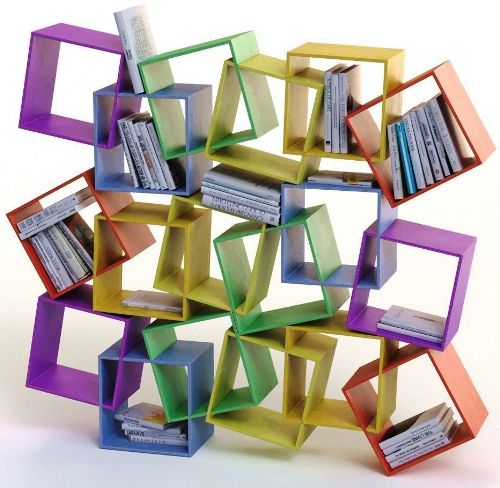 einzigartig kreative Bücherregale und Bücherschränke bunte kisten ineinander verwachsen geometrisch