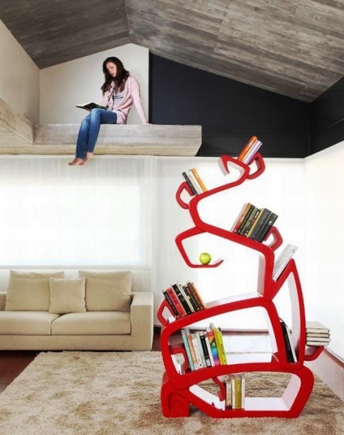 einzigartig kreative Bücherregale und Bücherschränke schiefes regal rot abstrakter baum