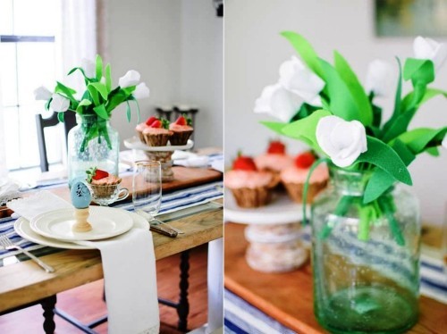80 frische frühlingshafte Ideen zum Tulpen basteln filz blumen in vase tischdeko ideen