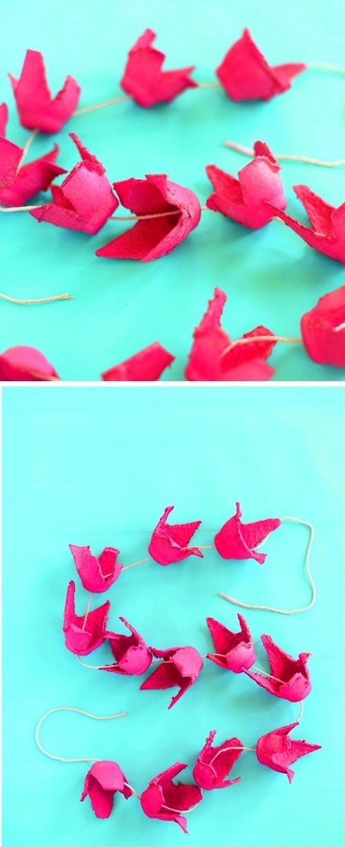 80 frische frühlingshafte Ideen zum Tulpen basteln lila tulpen girlande aus eierkartons