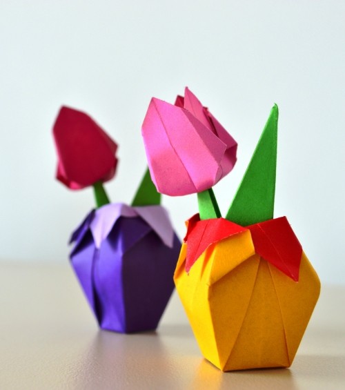 80 frische frühlingshafte Ideen zum Tulpen basteln papier töpfe mit origami tulpen