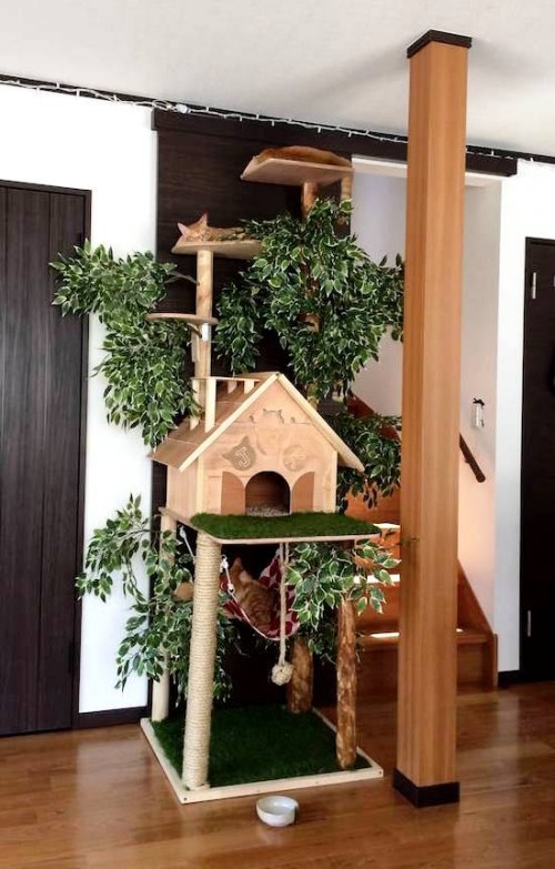 Leicht und kreativ Kratzbäume für Katzen selber bauen palast baumhaus mit pflanzen groß