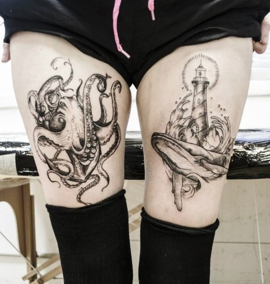 100 Anker Tattoo Ideen und ihre Symbolik anker mit tintenfisch und wal mit leuchtturm