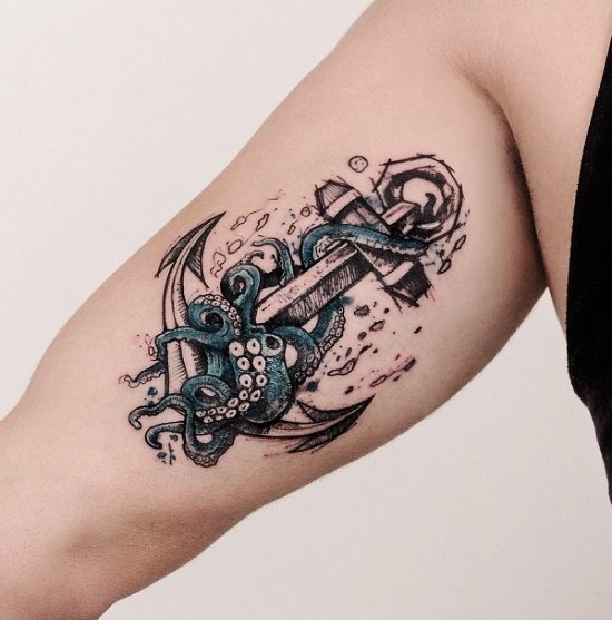 100 Anker Tattoo Ideen und ihre Symbolik arm tattoo anker und tintenfisch