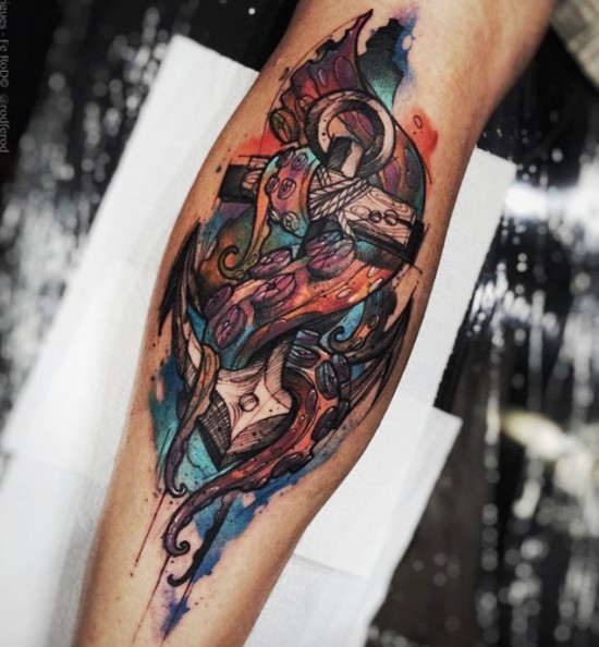 100 Anker Tattoo Ideen und ihre Symbolik bunter anker mit tintenfisch kraken