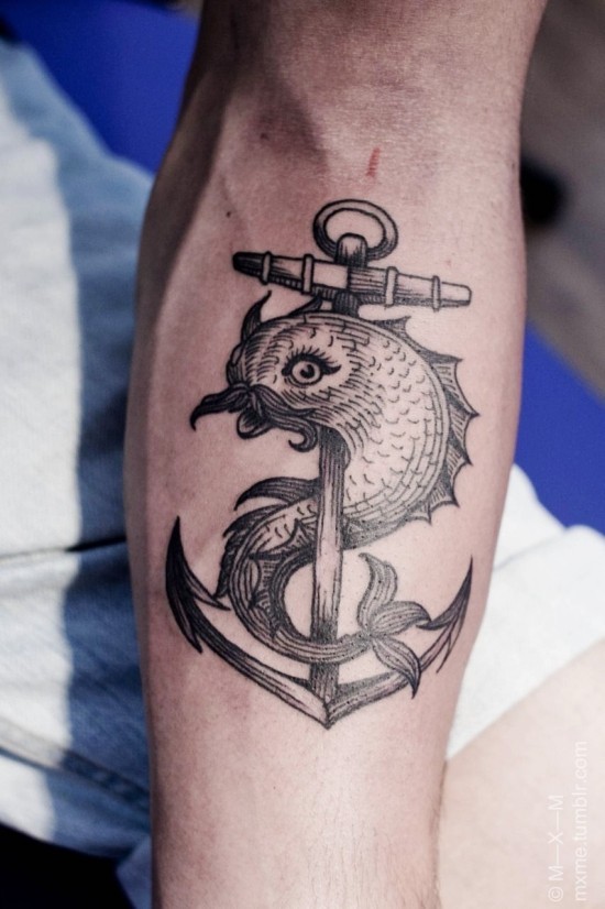 100 Anker Tattoo Ideen und ihre Symbolik fisch und anker verwickelt
