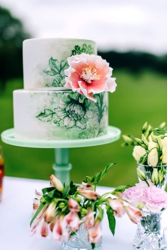 80 Hochzeitstorten-Deko Ideen und Tipps grüne torte bemalt blume