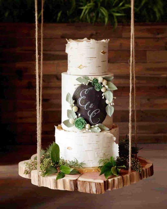 80 Hochzeitstorten-Deko Ideen und Tipps hängende torte birken stamm