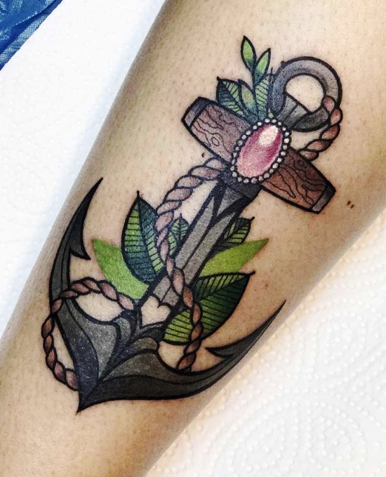 100 Anker Tattoo Ideen und ihre Symbolik anker design mit blätter
