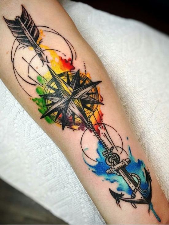 100 Anker Tattoo Ideen und ihre Symbolik anker tattoo mit windrose und pfeil
