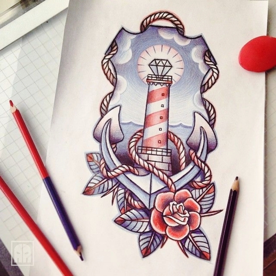 100 Anker Tattoo Ideen und ihre Symbolik leuchtturm anker rahmen design