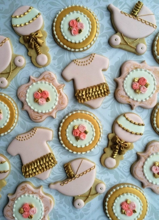 100 liebliche Babyparty Deko Ideen und Organisationstipps gold rosa kekse mädchen