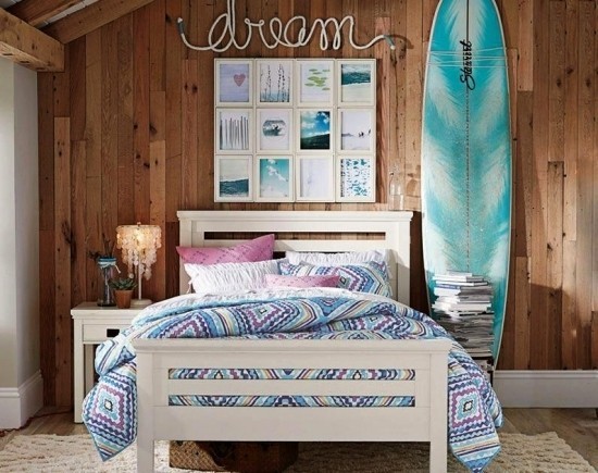 100 sommerliche und nautische Surfbrett Deko Ideen holz hütte surfer schlafzimmer blaues brett