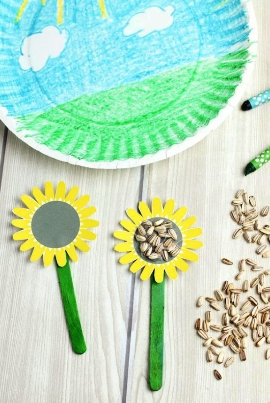80 umwerfende Ideen und 2 einfache Anleitungen zum Sonnenblume Basteln kinder malen bild papier teller eisstäbchen