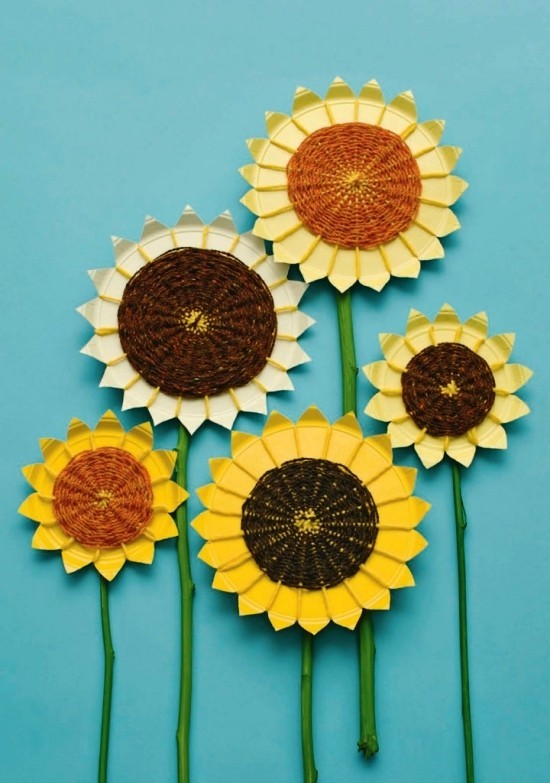 80 umwerfende Ideen und 2 einfache Anleitungen zum Sonnenblume Basteln wanddeko abstrakt rustikal papier garn