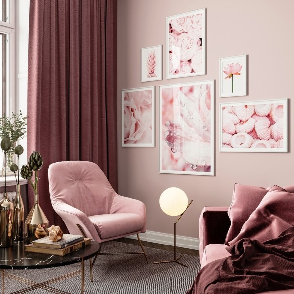 Bilderwand gestalten und Wohnräume kreativ aufpeppen feminin in babyrosa und gold modern stilvoll