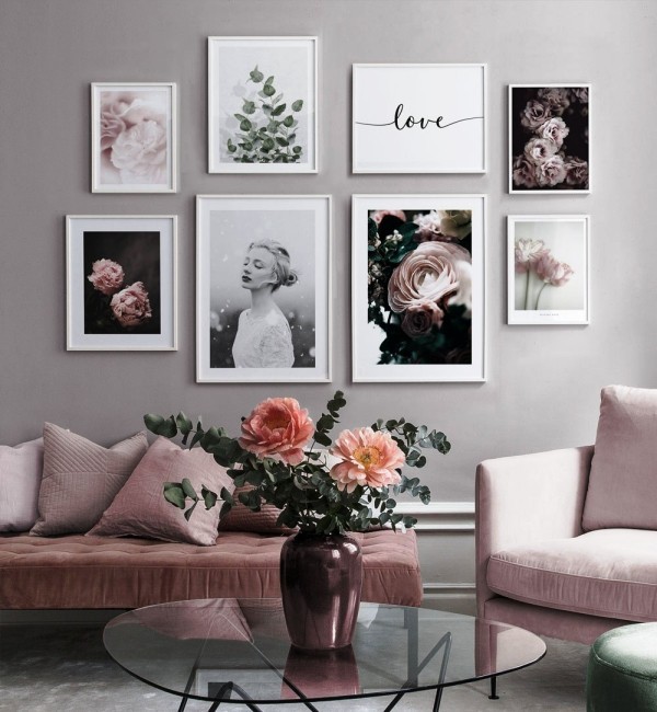 Bilderwand gestalten und Wohnräume kreativ aufpeppen feminin in babyrosa und weiß pastelle