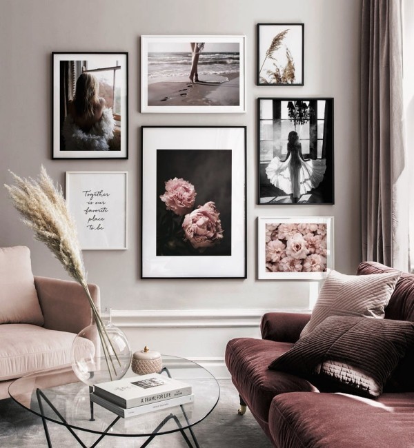 Bilderwand gestalten und Wohnräume kreativ aufpeppen feminin in rosa schwarz und weiß