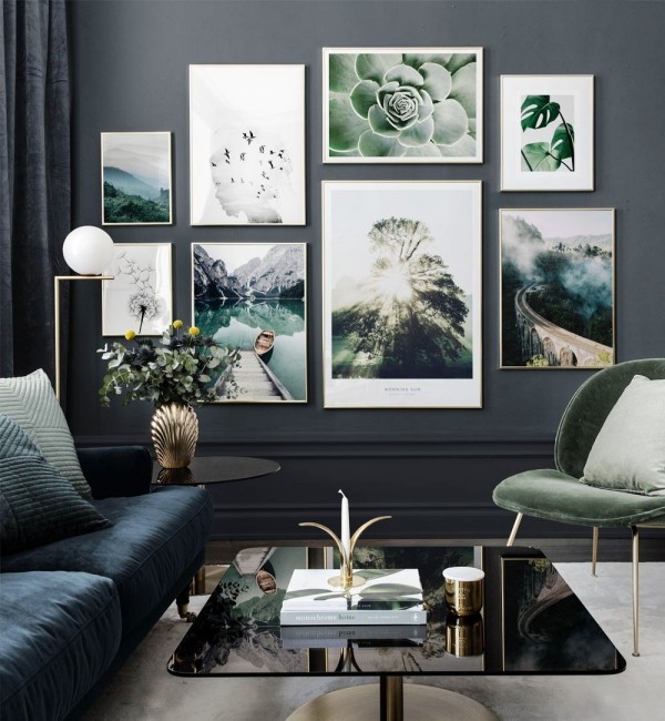 Bilderwand gestalten und Wohnräume kreativ aufpeppen maskulin in schwarz gold und grün