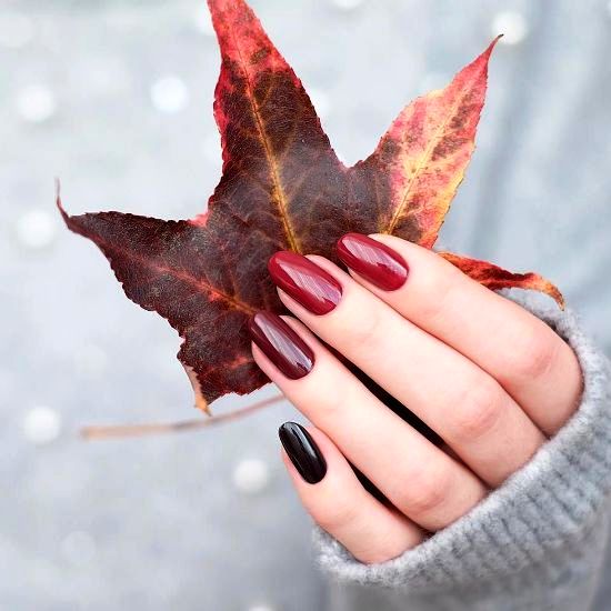70 aktuelle Trendfarben und Gelnägel für den Herbst herbstblatt optik ombre schwarz rot
