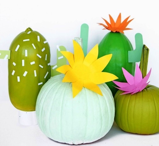 Halloween Kürbis bemalen – 140 künstlerische Ideen und Anleitungen grüne kürbisse mit kaktus optik