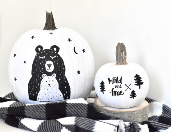 Halloween Kürbis bemalen – 140 künstlerische Ideen und Anleitungen schwarz weiße kürbisse bären wald
