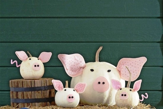 Halloween Kürbis bemalen – 140 künstlerische Ideen und Anleitungen schweine familie kürbisse weiß