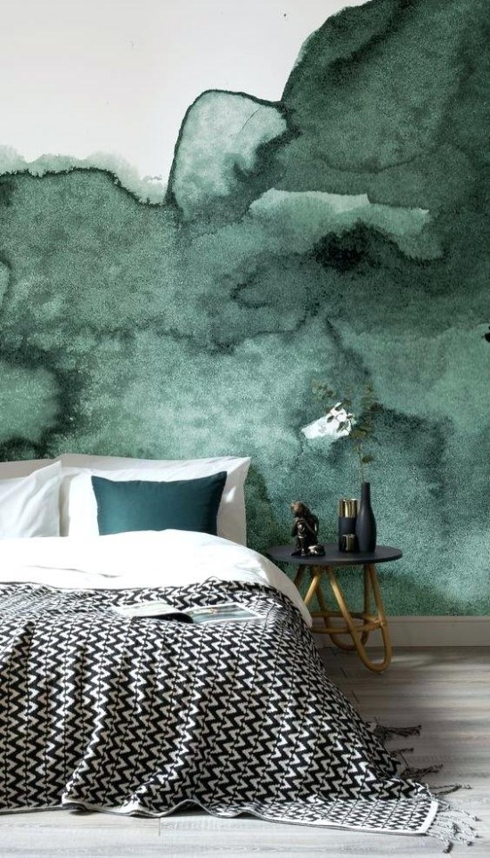 Ist die Wandfarbe Dunkelgrün richtig für Sie Design-Tipps und Ideen wandtattoo tapete wasserfarben effekt schlafzimmer