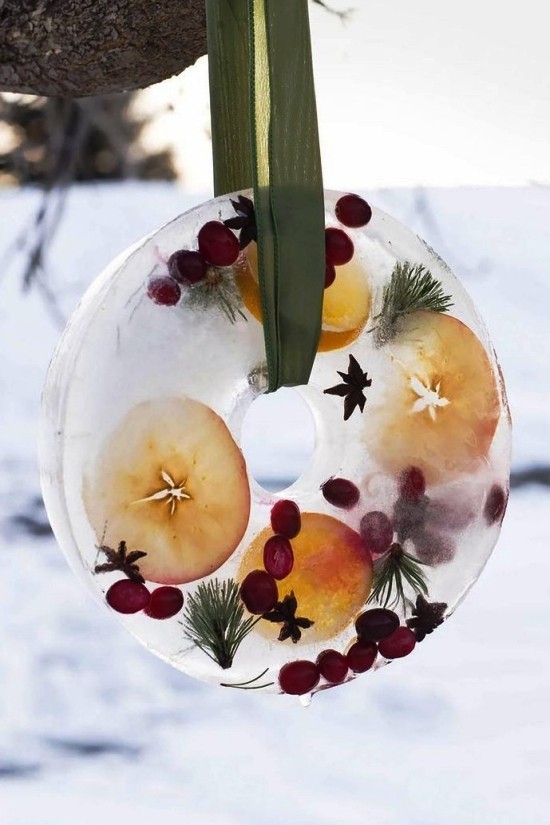 Türkranz zu Weihnachten selber gestalten kranz aus eis mit obst