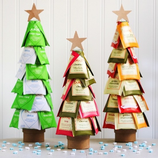 65 festliche Bastelideen für Weihnachten zum Verschenken essbare christbäume aus teebeutel