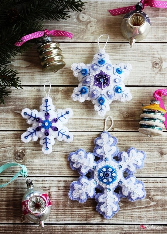 65 festliche Bastelideen für Weihnachten zum Verschenken ornamente aus filz selber nähen schneeflocken