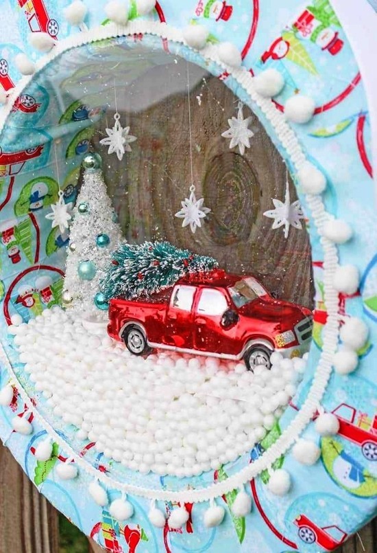 Schneekugel zu Weihnachten selber machen – 2 Anleitungen und Ideen kranz wasserlos mit schnee und auto