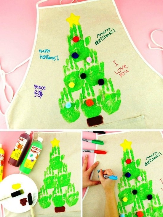 Kreative und praktische Weihnachtsgeschenke basteln mit Kindern schürze mit tannenbaum für mutti