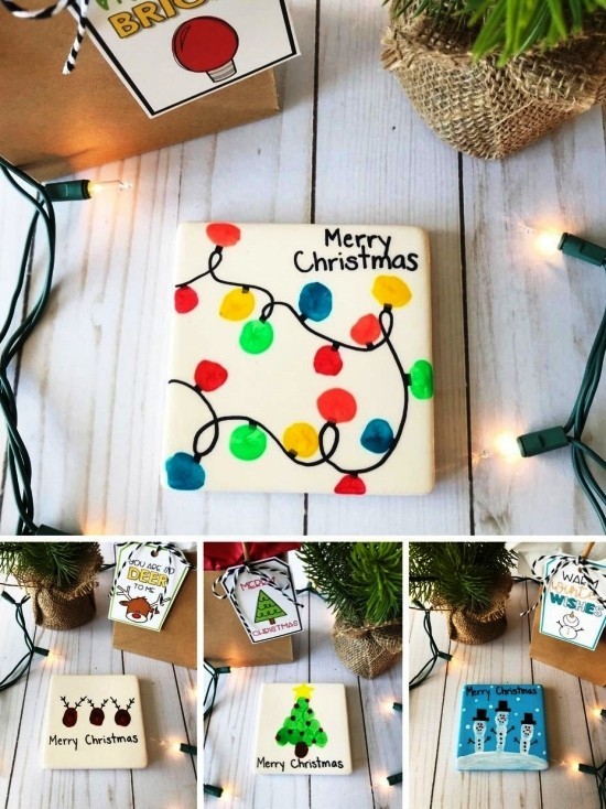 Kreative und praktische Weihnachtsgeschenke basteln mit Kindern untersetzer aus keramik mit lichterkette kreativ